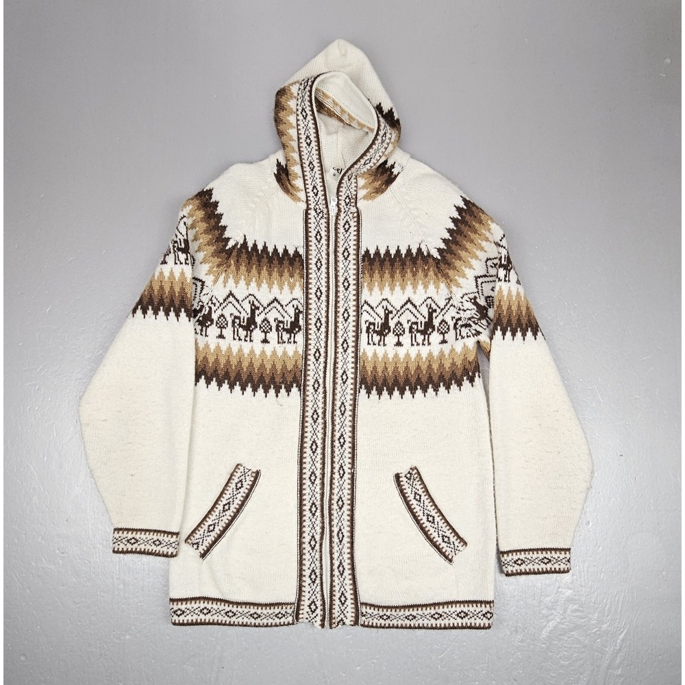 Celitas Alpaca‎ Sweater Mens Med Brown Hooded Full-Zip Animal Print Made In Peru